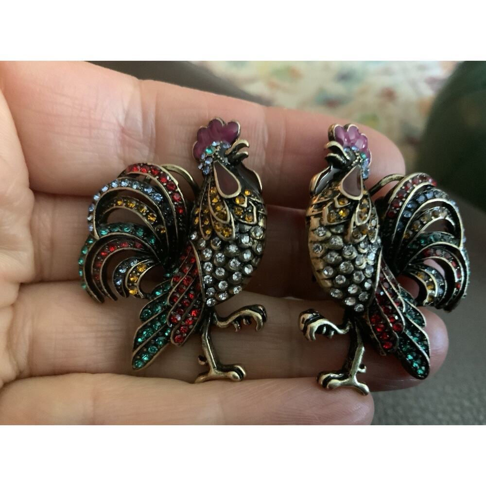 Rooster Bird Earrings VTG Museum Court Art Gold Antique Deco CZ Boho Stud Retro - Picture 8 of 9